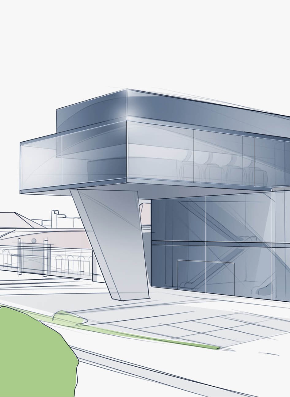 Architektur-Skizze einer Seilbahn-Station