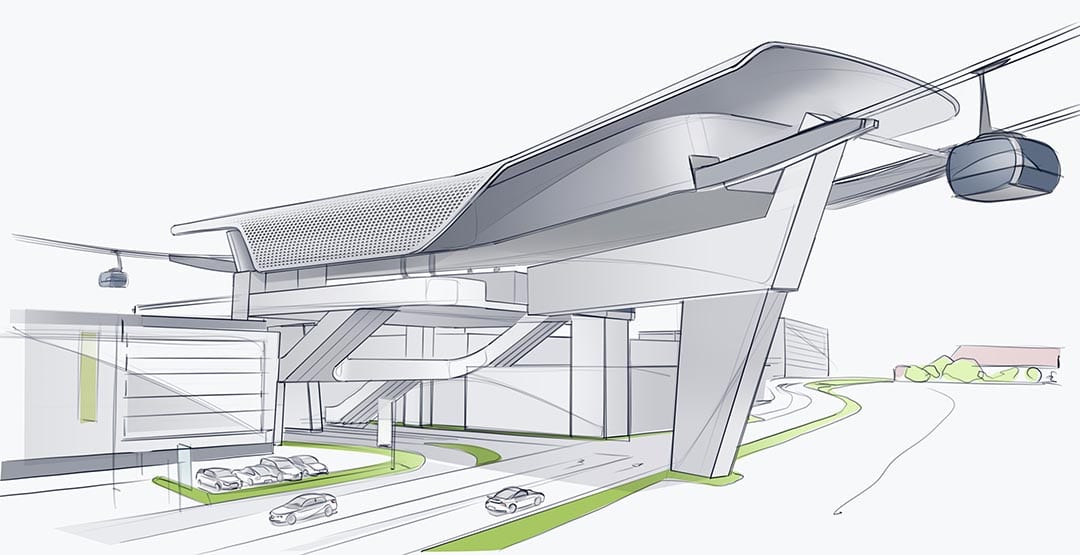 Kolorierte Architekturskizze einer Seilbahn-Station