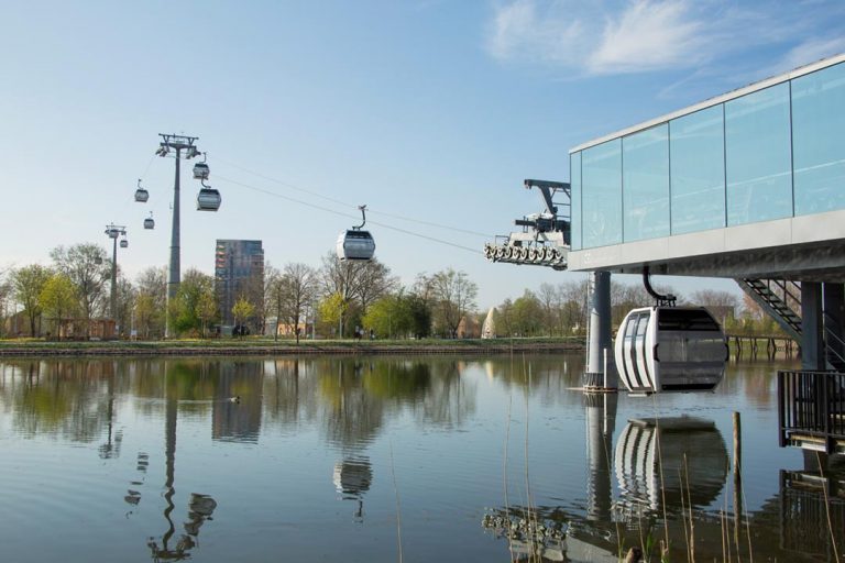 Doppelmayr cable car station above lake at Floriade 2022 in Almere