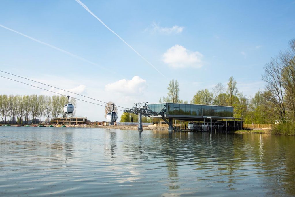 Doppelmayr cable car station above lake at Floriade 2022 in Almere