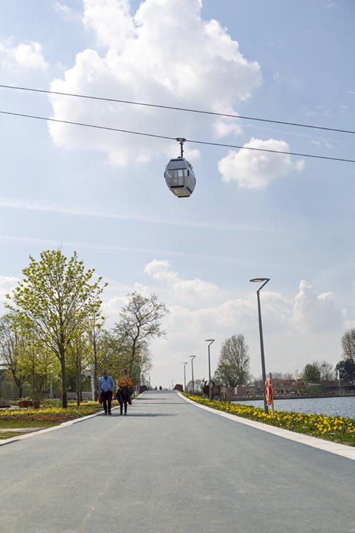 Doppelmayr cable car cabin above lake at Floriade 2022 in Almere