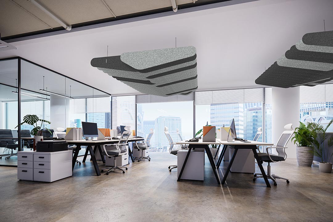 Modulare akustische Designer Deckenpaneele aus Vlies. Acoustic ceiling panels with a modern design.
