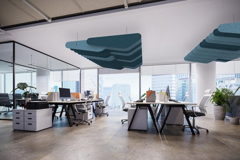 Modulare akustische Designer Deckenpaneele aus Vlies. Acoustic ceiling panels with a modern design.