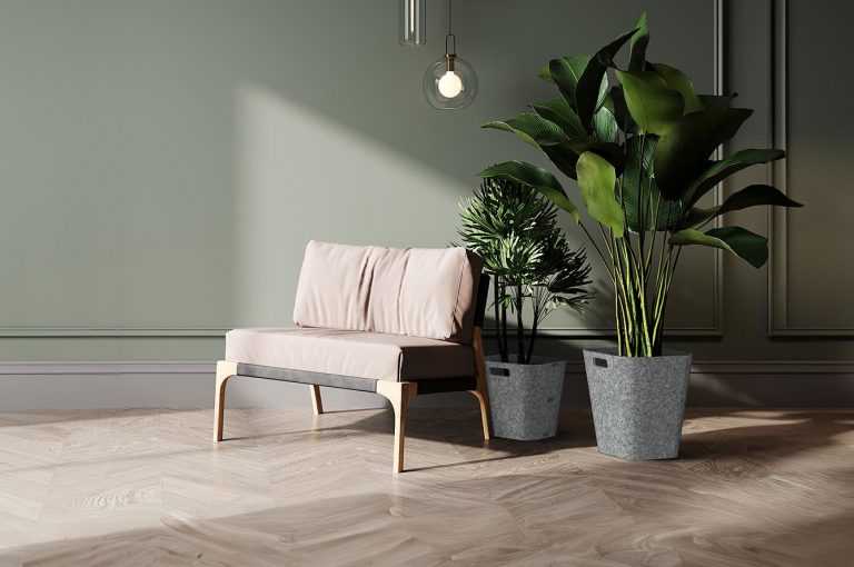 Akustischer Designer Blumentopf aus Vlies. Acoustic plant pot with a modern design.