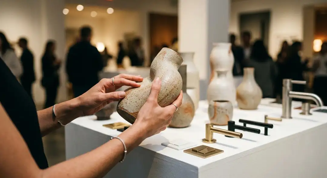 Hände betasten eine organisch geformte Keramikvase bei einer Design- und Materialausstellung von FORMAA.