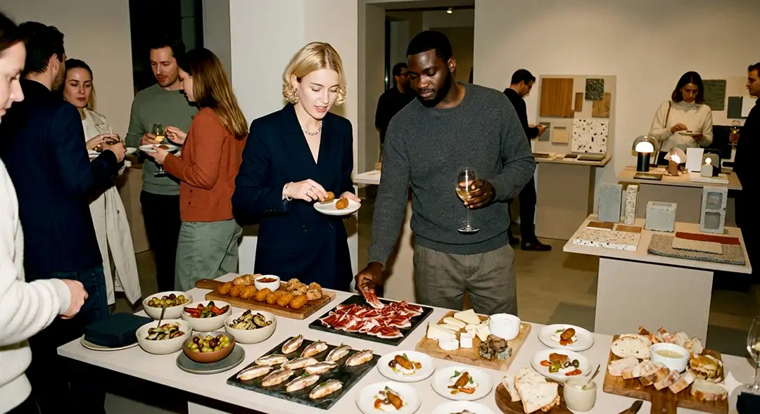 Gruppe von Architekten und Designern im Gespräch bei einem FORMAA-Networking-Event mit Buffet