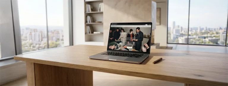 Laptop auf einem Holztisch in einem modernen Büro mit der Website von FORMAA – Event Branding für MOJA Design.